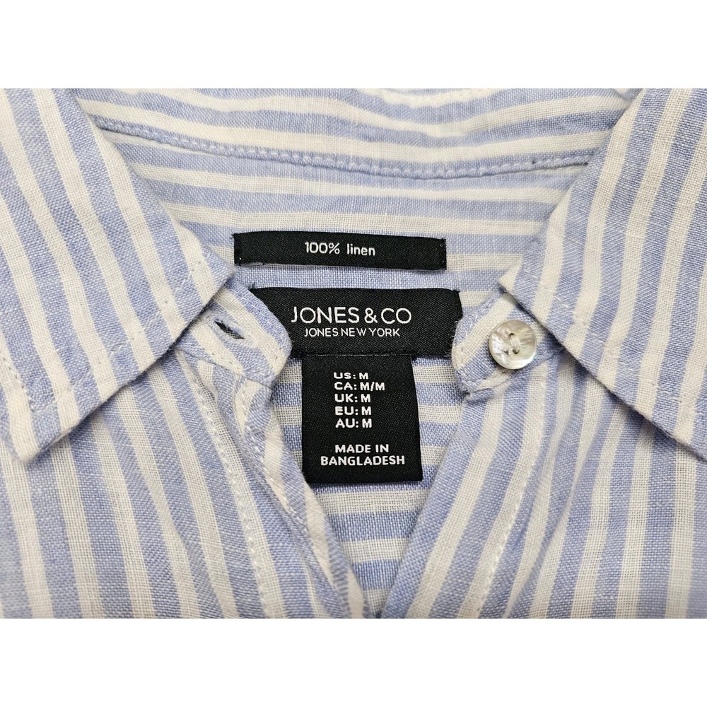 Jones New York Women's Medium 100% Linen Blue White Striped Button Down Shirt M - Picture 5 of 7